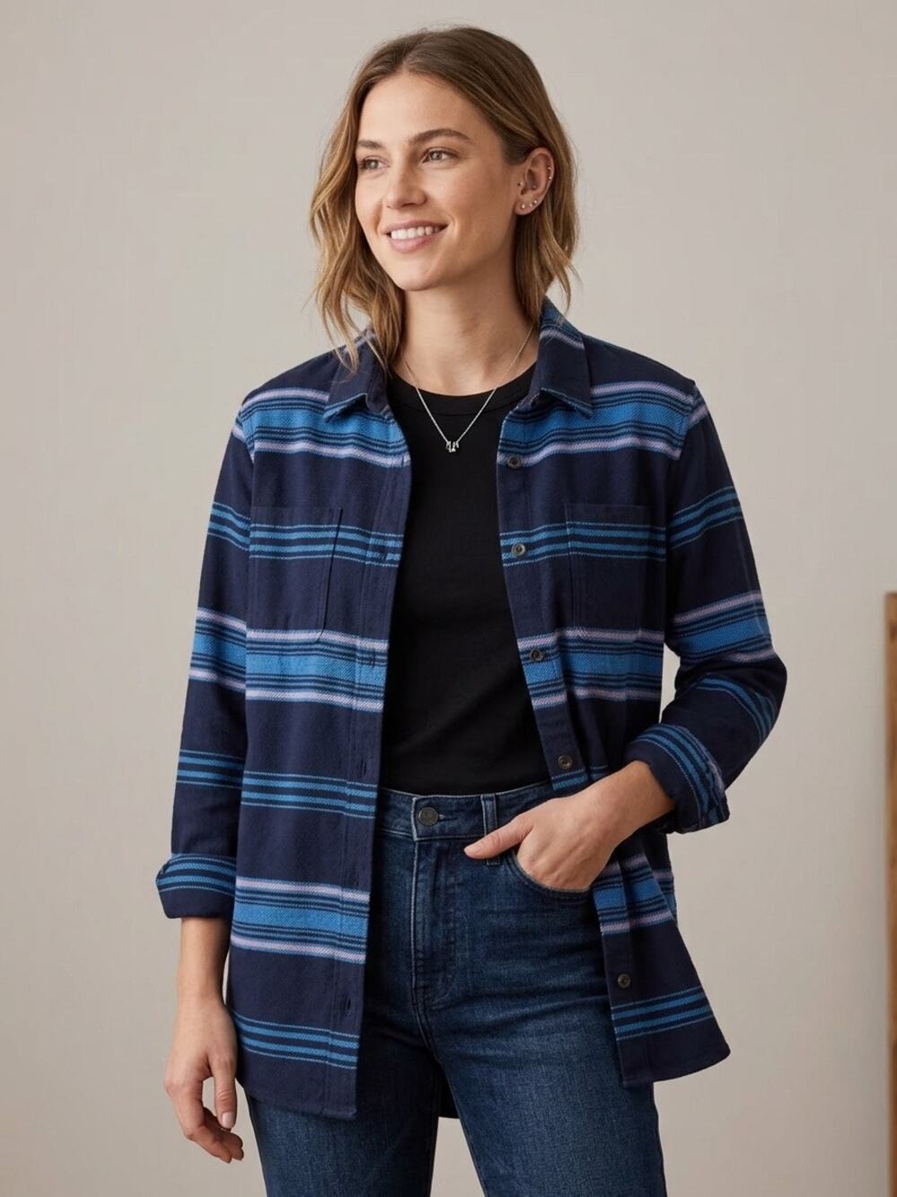 Duluth Trading Womens Heritage Flannel Shirt Heavyweight Striped Shacket Navy XL
